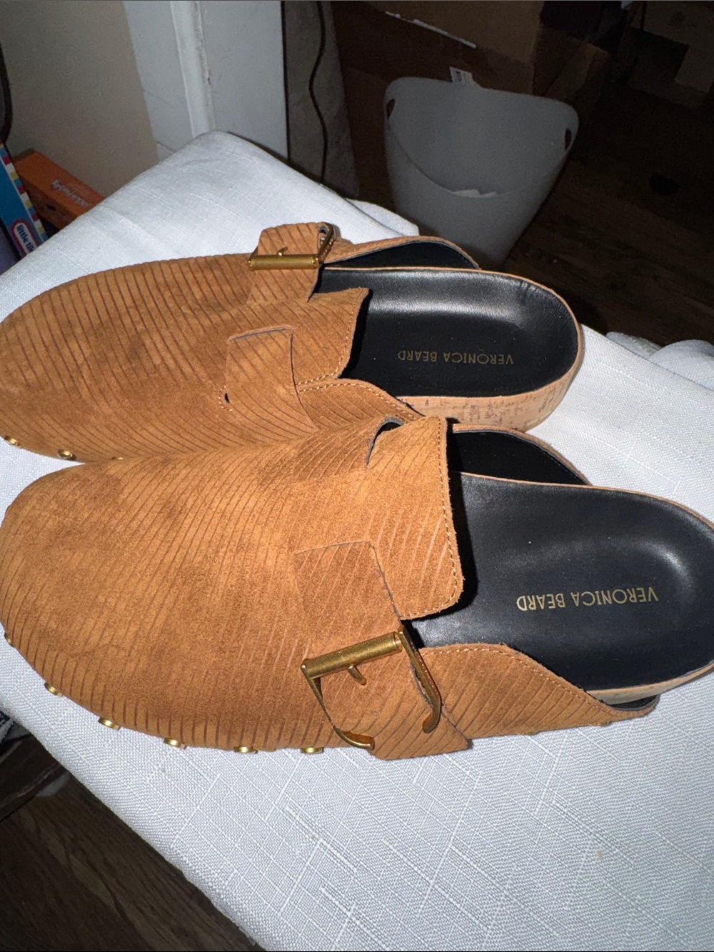 Veronica Beard Tan Suede Slip-On clogs with Gold Buckle
